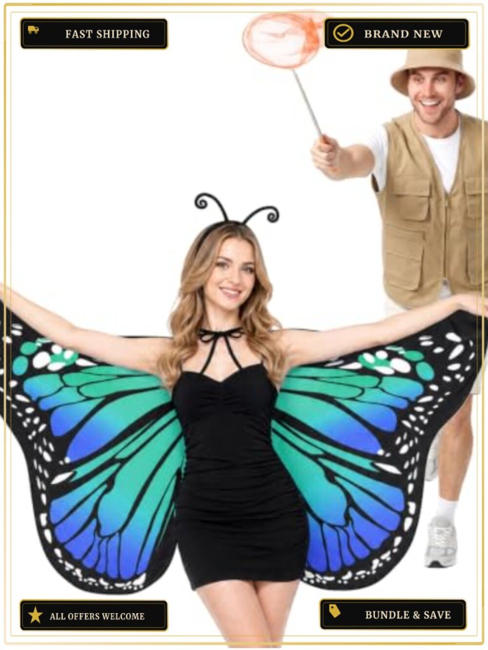 5PC Double-Sided Butterfly Wings Catcher Couples Halloween Costume Set